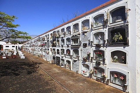 Cemetery, grave sites, Santo Domingo de Garafia, volcanic island of La Palma, La Isla Verde, La Isla Bonita, Canary Islands, Islas Canarias, Spain, Europe