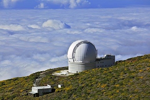 Mountain Roque de los Muchachos, view from the top over the clouds, William Herschel Telescope, observatory Observatorio del Roque de los Muchachos, ORM, of the European Northern Observatory, volcanic island of La Palma, La Isla Verde, La Isla Bonita, Can