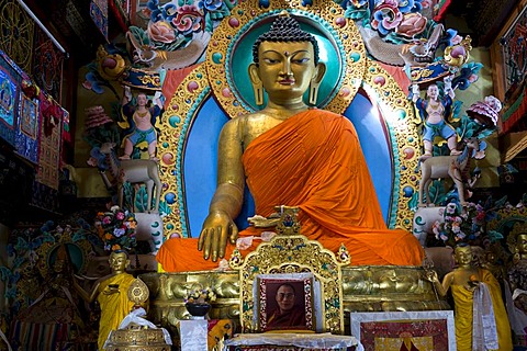 Eight metre tall Sakyamuni Buddha statue in the Galden Namgyal Lhatse monastery, the largest Buddhist monastery in India, Tawang, Arunachal Pradesh, India, Himalayas, Asia