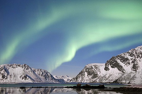 Northern lights, aurora borealis, seen from LyngvÃŠrstranda on the Island of AustvÃ‚goya, overlooking Gimsoystraumen Fjord, Lofoten Islands, North Norway, Norway, Europe