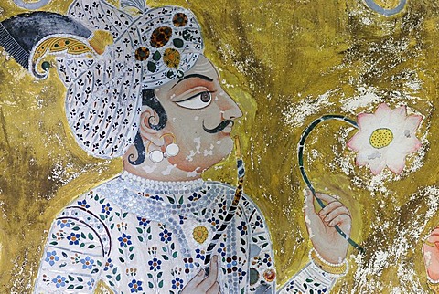 Rajput with flower, wall painting, Juna Mahal, Dungarpur, Rajasthan, India, Asia