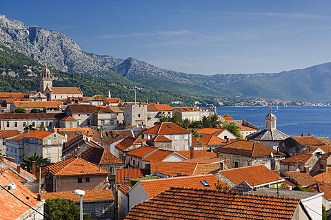 View over the roofs of Korcula town, Korcula island, Dalmatia, Croatia, Europe