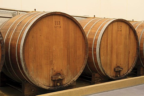 Two large oak barrels for liquor storage, Aalborg Akvavit spirits factory, Aalborg, North Jutland, Denmark, Europe