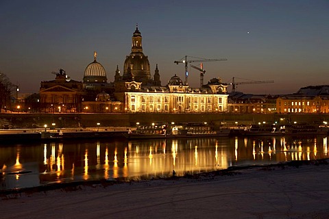 Dresden skyline at night with Frauenkirche Church, Bruehl's Terrace, Elbe River, Dresden, Saxony, Germany, Europe