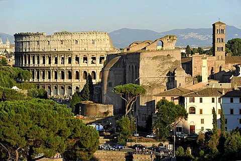 Colosseum, Basilica of Maxentius or Constantine, Church of Santa Francesca Romana, Roman Forum, Via dei Fori Imperiali, Rome, Lazio, Italy, Europe