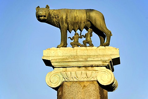 Capitoline Wolf with Romulus and Remus on the Senatorial Palace, Capitol square, Piazza del Campidoglio, Capitoline Hill, Rome, Lazio, Italy, Europe