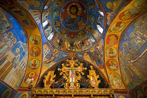 Byzantine frescoes in a painted barn-roofed Greek Orthodox church, UNESCO World Heritage Site, Troodos Mountains, Cyprus