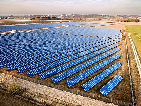 Aerial view, solar panels, photovoltaics array, motorway, nuclear power station, Bubesheim, Swabia, Germany, Europe