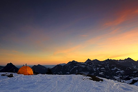 A tent and the evening sky, mountain scenery, Oberjoch mountain, Oberallgaeu, Bavaria, Germany, Europe