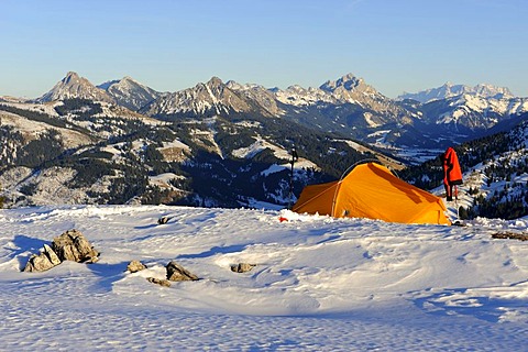 Mountain scenery and a tent in winter, Oberjoch mountain, Oberallgaeu, Bavaria, Germany, Europe