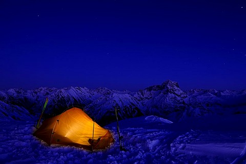 Mountain panorama with tent in winter, Baad, Kleinwalsertal, Vorarlberg, Austria, Europe