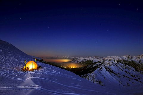 Mountain panorama with tent in winter, Baad, Kleinwalsertal, Vorarlberg, Austria, Europe