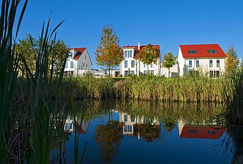 Semi-detached house on a lake, Markt Schwaben, Bavaria, Germany, Europe