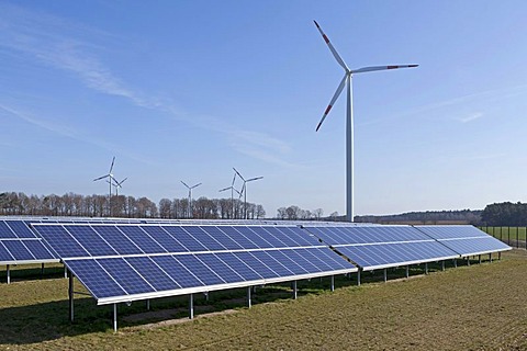 Solar farm and wind turbine near Suedergellersen near Lueneburg, Lower Saxony, Germany, Europe