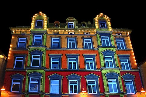 Illuminated building, Marktplatz square, Biberach an der Riss, Biberach region, Upper Swabia, Baden-Wuerttemberg, Germany, Europe