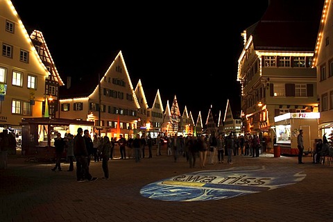 Spotlighted ground, ewa.riss electricity distributor advertising, market square, Biberach an der Riss, Upper Swabia, Baden-Wuerttemberg, Germany, Europe