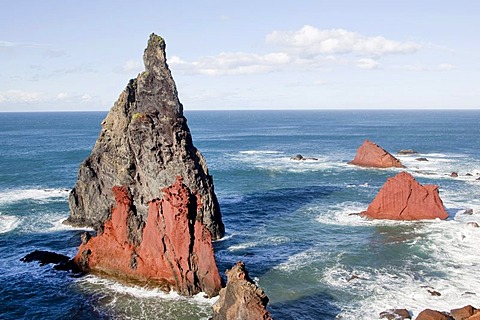 Lava rock cliffs on the Atlantic coast, peninsular and nature reserve Ponta de Sao Lourenco, in Canical, Madeira, Portugal, Europe