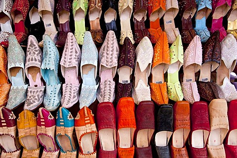 Traditional Moroccan leather slippers in the souq, market, in the Medina, historic district, Marrakech, Morocco, Africa