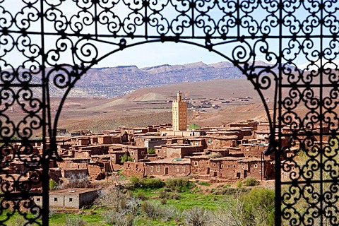 Panoramic view of Telouet from Telouet Kasbah, Ounila Valley, High Atlas Mountains, Morocco, Africa