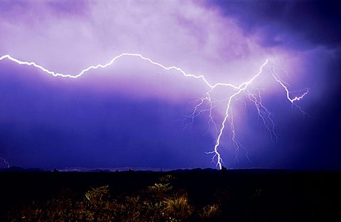 Lightning strike over desert, Big Bend National Park, West Texas, USA