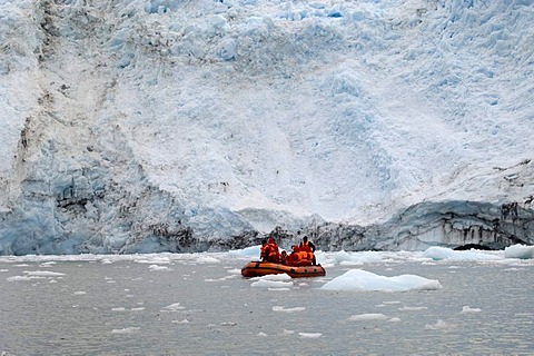 Tourists in a boat off Garibaldi Glacier, Darwin National Park, Tierra del Fuego, Patagonia, Chile, South America