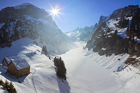 Snow landscape, Faelensee Lake and Bollenwees, Alpstein, Alps, Appenzell, Switzerland, Europe