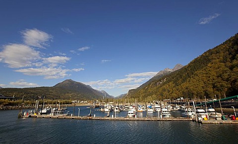 Small boat harbour, historic Skagway behind, Pacific ocean coast, White Pass, southeast Alaska, USA