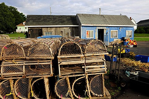 Fishermen's huts with lobster baskets in the port of North Rustico, Prince Edward Island, Canada, North America