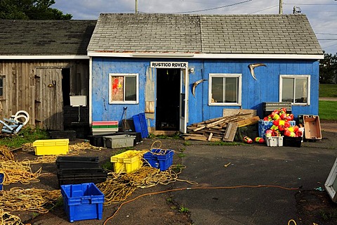 Fishermen's huts with platic baskets in the port of North Rustico, Prince Edward Island, Canada, North America