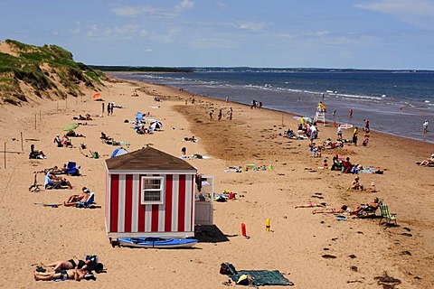 Red and white changing cabin on the beach on the Atlantic, Prince Edward Island National Park, Prince Edward Island, Canada, North America