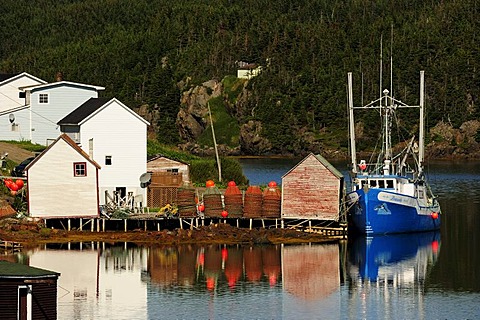 Houses and fishing boats on the Atlantic Ocean, New World Island in Twillingate, Newfoundland, Canada, North America