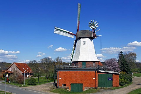 Historic windmill with wind rose built in a typical Dutch style, Artlenburg windmill, Elbuferstrasse, Artlenburg, Lueneburg district, Lower Saxony, Germany, Europe