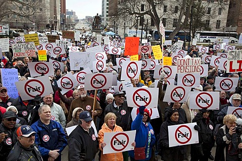 Senior citizens rally against a plan by Governor Rick Snyder to tax pensions and use the revenue generated for a corporate tax cut, Lansing, Michigan, USA, America