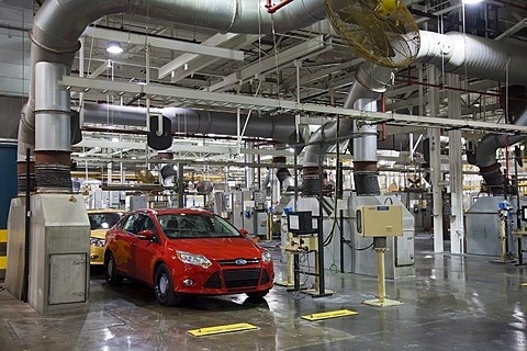 Dynamometer testing on a 2012 Ford Focus at Ford Motor Co.'s Michigan Assembly Plant, Wayne, Michigan, USA, America