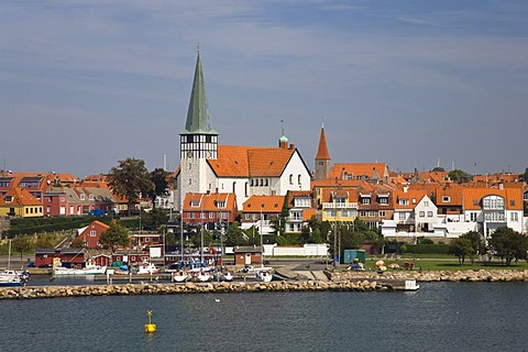 Timber-frame houses, lighthouse and church Skt. Nicolaj Kirke in Ronne, Bornholm, Denmark, Europe