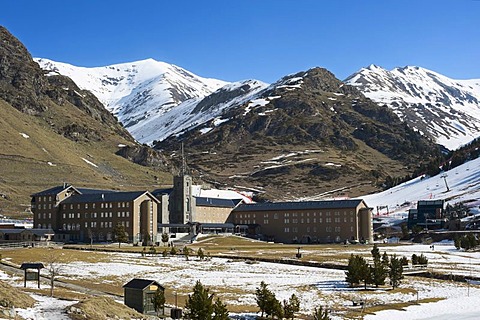 Modern tourist center in the Vall de Nuria valley, northern Catalonia, Spain, Europe