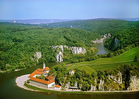 Danube river gap through the Jura rocks near the Kloster Weltenburg Benedictine abbey, Kelheim, Lower Bavaria, Germany, Europe