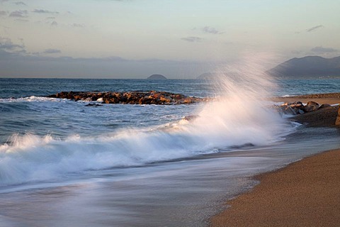 Surf in the morning light, Mediterranean coast, Pietra Ligure, Riviera, Liguria, Italy, Europe