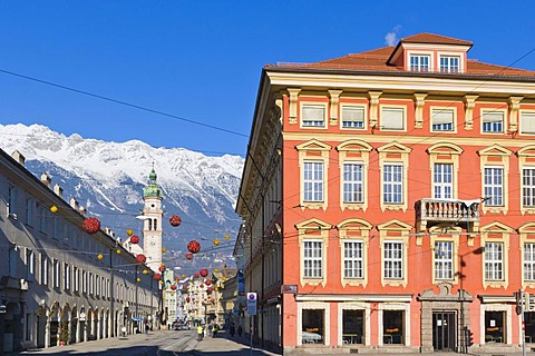 Maria Theresien Strasse and Salurner Strasse with Servitenkirche church at back, Innsbruck, Tyrol, Austria, Europe