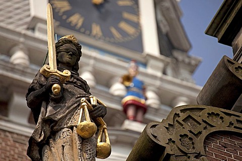 Justice statue at the gable of the former weigh building, now Holland Kaasmuseum Dutch cheese museum, Alkmaar, North Holland, Netherlands, Europe