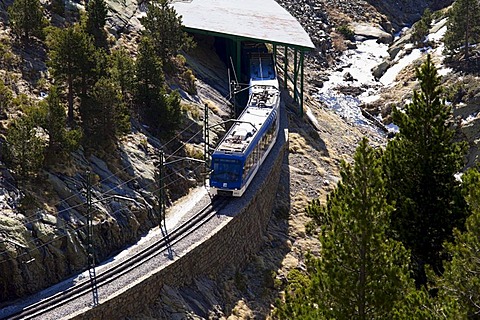 Cremallera de Nuria rack railway in the Vall de Nuria valley, Pyrenees, northern Catalonia, Spain, Europe