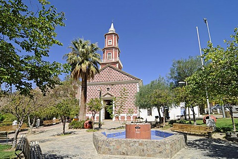 Church, fountain, square, Monte Grande, village, Vicuna, Valle d'Elqui, Elqui Valley, La Serena, Norte Chico, northern Chile, Chile, South America