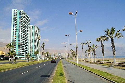 Street, skyscrapers, waterside promenade, Playa Brava beach, Iquique, Norte Grande, northern Chile, Chile, South America