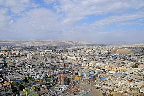 Overview, cityscape, houses, views from the El Morro mountain, landmark, desert, desert mountains, Arica, Norte Grande, northern Chile, Chile, South America