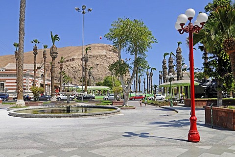 City view, Plaza Colon square, El Morro, mountains, landmark, Arica, Norte Grande, northern Chile, Chile, South America