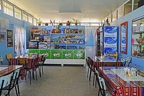 Tables, chairs, colorful bar, furniture, small restaurant, Altiplano, Norte Grande, northern Chile, Chile, South America