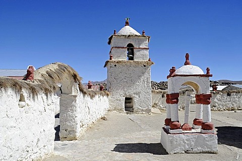 Church built with Adobe construction methods, Parinacota, mountain village, Lauca National Park, Altiplano, Norte Grande, Northern Chile, Chile, South America