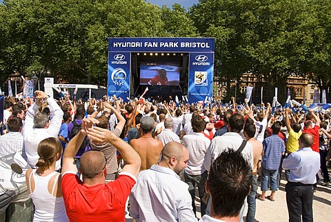 Spectators and fans at a fan park, public screening on a large flat screen, stage, soccer match, goal celebrations, Football World Cup, Queen Square, Bristol, England, United Kingdom, Europe