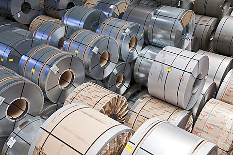 Finished flat steel rolls waiting for shipment, steelworks of ArcelorMittal, Eisenhuettenstadt, Brandenburg, Germany, Europe