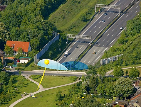 Aerial view, mine Graf Bismarck 3, 5, A2 motorway cover, Schachtzeichen RUHR.2010 art installation, Gelsenkirchen, Ruhrgebiet region, North Rhine-Westphalia, Germany, Europe